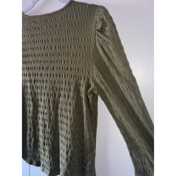 Frye and Co Women's Scoop Neck M Elbow Sleeve Blouse Burnt Olive Green Tie Front - Picture 4 of 7